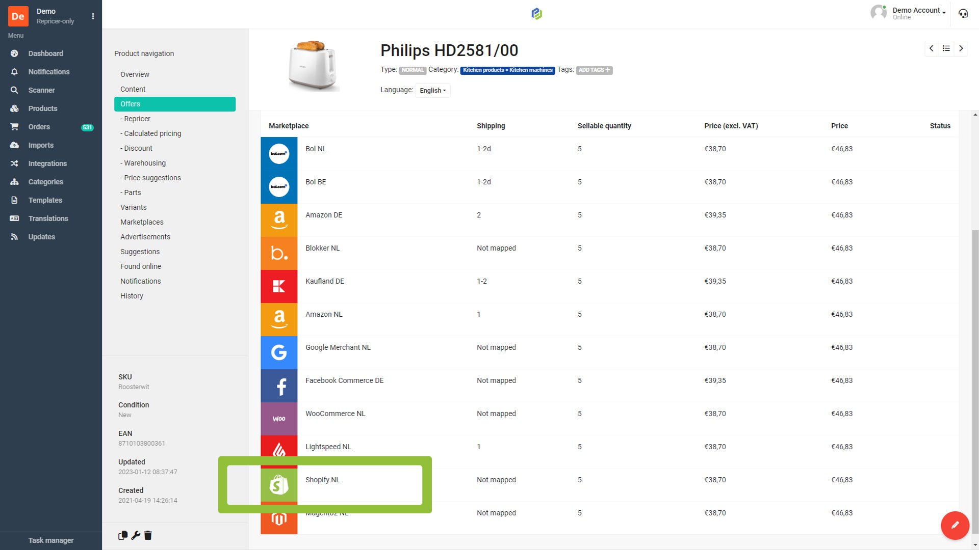 Integratie van Shopify in ProductFlow offers